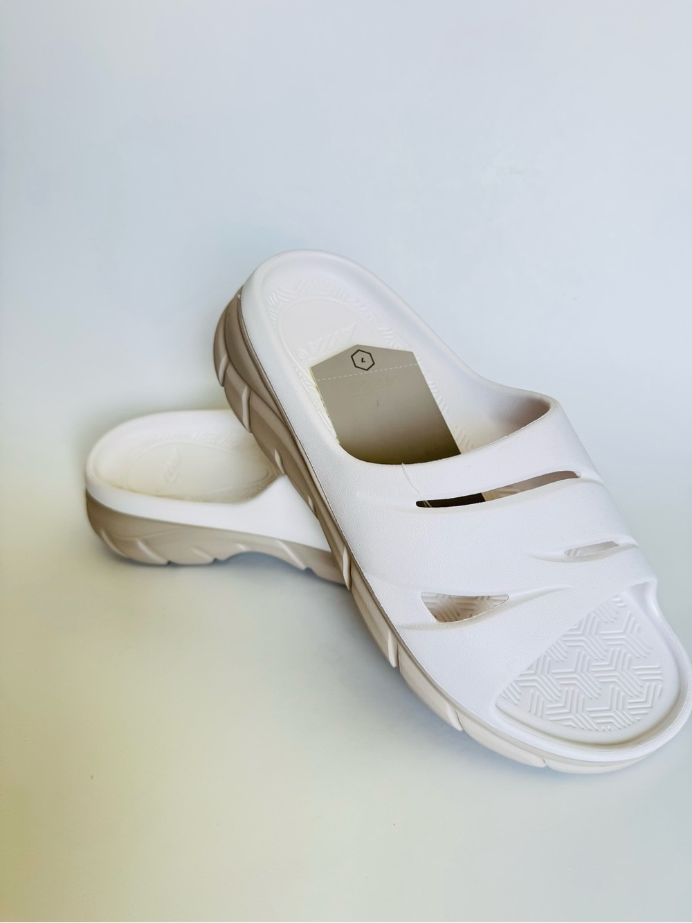 Women's White Slide Clogs with Taupe Trim